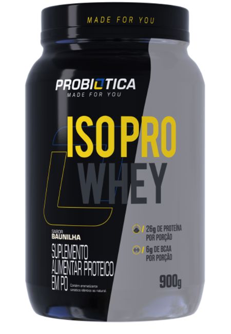 Pote de 900 g de Iso Pro Whey. Imagem retirada do site da Probiótica.