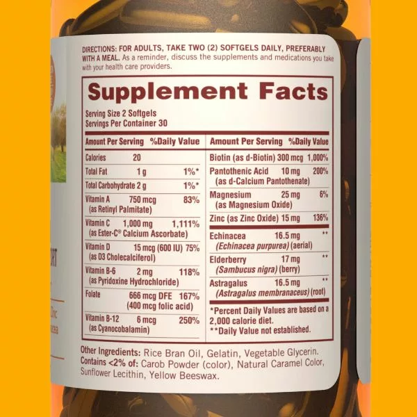 Tabela nutricional do Multivitaminico Sundown Immune Support. Imagem retirada do site da Sundown.