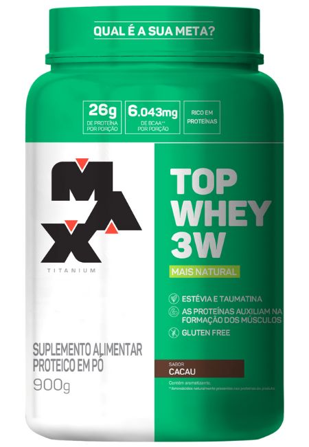 Top Whey 3W + Natural 900g, sabor cacau. Imagem retirada do site da Max Titanium.