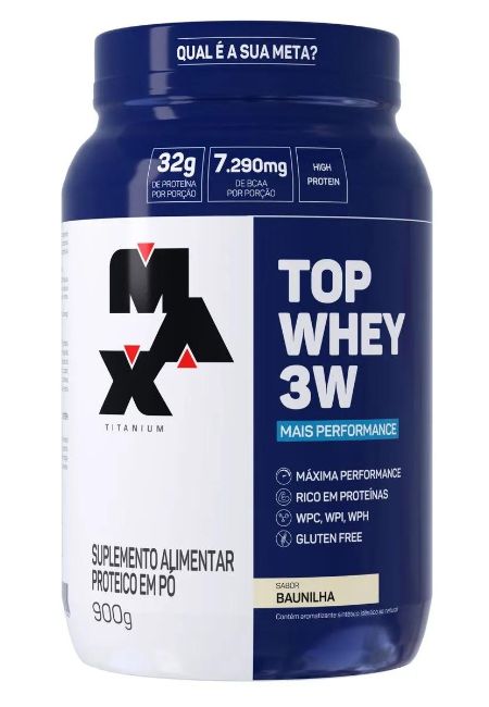 Top Whey + Performance 900g, Baunilha. Imagem retirada do site da Max Titanium.