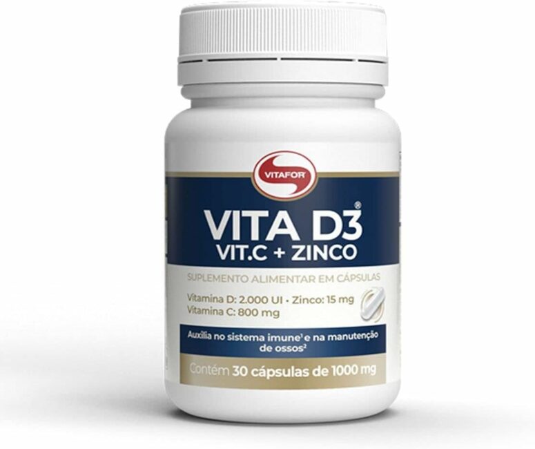 Suplemento de zinco, vitamina D e vitamina C da Vitafor. Fonte da imagem: Amazon